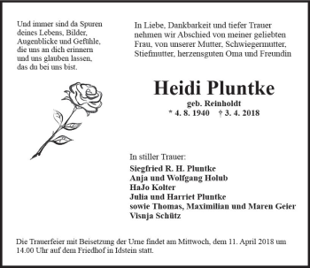 Traueranzeige von Heidi Pluntke von Trauerportal Rhein Main Presse