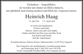 Traueranzeige von Heinrich Haag von  Usinger Anzeiger