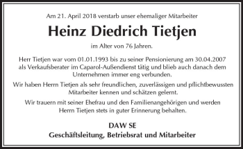 Traueranzeige von Heinz Diedrich Tietjen von Trauerportal Rhein Main Presse