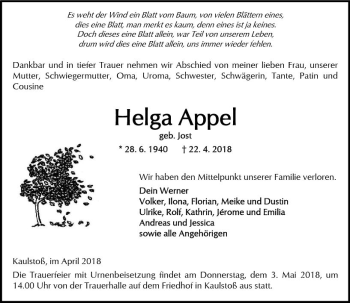 Traueranzeige von Helga Appel von VRM Trauer