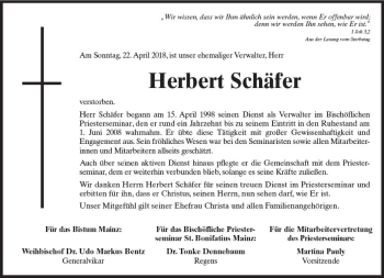 Traueranzeige von Herbert Schäfer von Trauerportal Rhein Main Presse