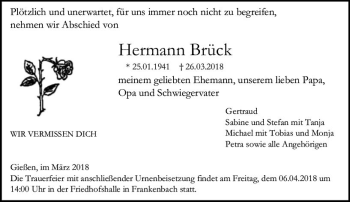 Traueranzeige von Hermann Brück von  Gießener Anzeiger