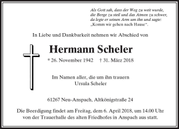 Traueranzeige von Hermann Scheler von  Usinger Anzeiger Traueranzeige von Hermann Scheler von  Usinger Anzeiger