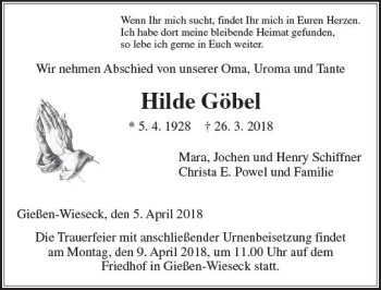 Traueranzeige von Hilde Göbel von  Gießener Anzeiger