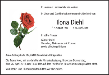 Traueranzeige von Ilona Diehl von Trauerportal Rhein Main Presse