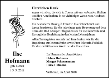 Traueranzeige von Ilse Hofmann von Trauerportal Rhein Main Presse