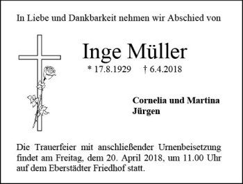 Traueranzeige von Inge Müller von Trauerportal Rhein Main Presse