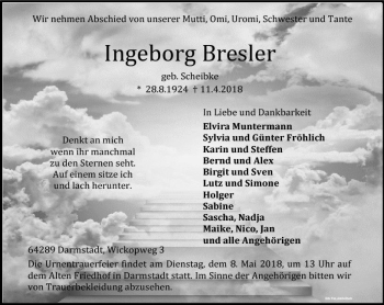 Traueranzeige von Ingeborg Bresler von Trauerportal Rhein Main Presse
