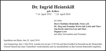 Traueranzeige von Ingrid Heintskill von Trauerportal Rhein Main Presse