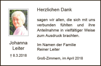 Traueranzeige von Johanna Leiter von Trauerportal Rhein Main Presse