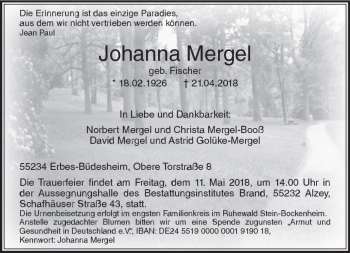 Traueranzeige von Johanna Mergel von Trauerportal Rhein Main Presse