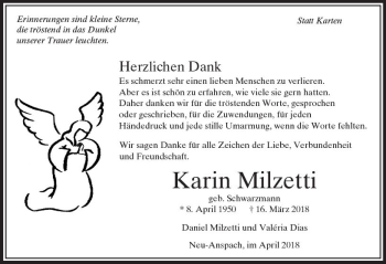 Traueranzeige von Karin Milzetti von  Usinger Anzeiger Traueranzeige von Karin Milzetti von  Usinger Anzeiger