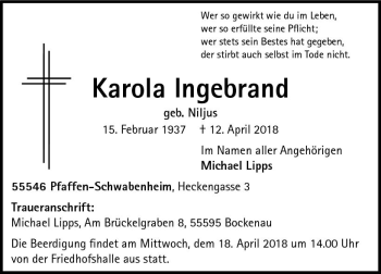 Traueranzeige von Karola Ingebrand von Trauerportal Rhein Main Presse