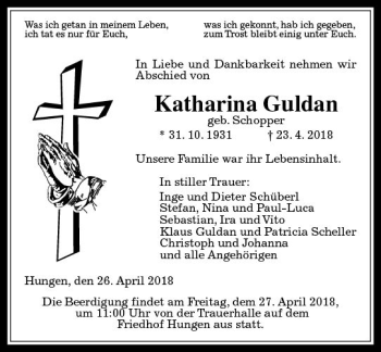 Traueranzeige von Katharina Guldan von  Gießener Anzeiger