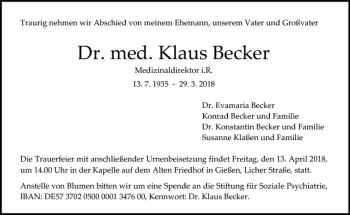 Traueranzeige von Klaus Becker von  Gießener Anzeiger