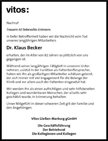 Traueranzeige von Klaus Becker von  Gießener Anzeiger