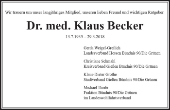 Traueranzeige von Klaus Becker von  Gießener Anzeiger