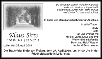 Traueranzeige von Klaus Sitte von  Gießener Anzeiger