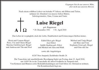 Traueranzeige von Luise Riegel von  Usinger Anzeiger Traueranzeige von Luise Riegel von  Usinger Anzeiger