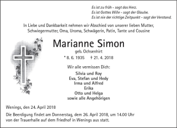 Traueranzeige von Marianne Simon von  Kreisanzeiger