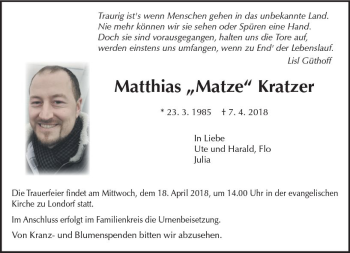 Traueranzeige von Matthias Kratzer von  Gießener Anzeiger