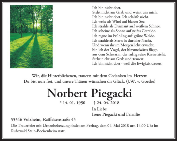 Traueranzeige von Norbert Piegacki von Trauerportal Rhein Main Presse