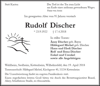 Traueranzeige von Rudolf Discher von Trauerportal Rhein Main Presse