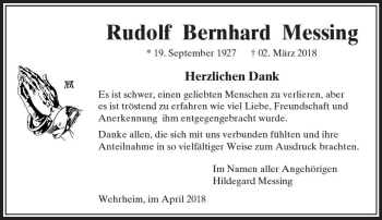 Traueranzeige von Rudolf Bernhard Messing von  Usinger Anzeiger