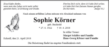 Traueranzeige von Sophie Körner von  Kreisanzeiger
