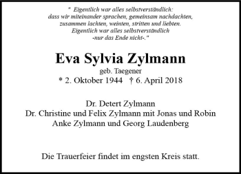 Traueranzeige von Sylvia Zylmann von Trauerportal Rhein Main Presse
