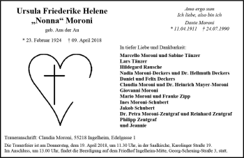 Traueranzeige von Ursula Friederike Helene Moroni von Trauerportal Rhein Main Presse