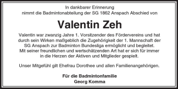 Traueranzeige von Valentin Zeh von  Usinger Anzeiger
