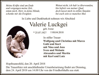 Traueranzeige von Valerie Luckgei von VRM Trauer