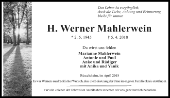 Traueranzeige von Werner Mahlerwein von Trauerportal Rhein Main Presse