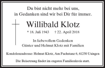 Traueranzeige von Willibald Klotz von  Usinger Anzeiger