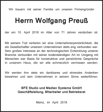 Traueranzeige von Wolfgang Preuß von Trauerportal Rhein Main Presse