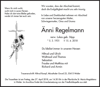 Traueranzeige von Änni Regelmann von Trauerportal Rhein Main Presse
