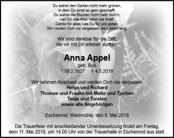 Traueranzeige von Anna Appel von  Kreisanzeiger