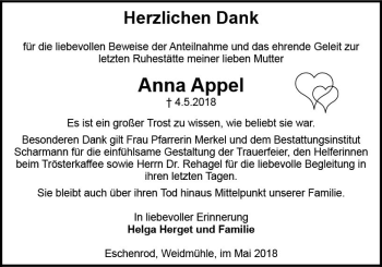 Traueranzeige von Anna Appel von  Kreisanzeiger