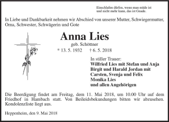 Traueranzeige von Anna Lies von Trauerportal Rhein Main Presse