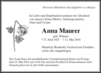 Traueranzeige von Anna Maurer von  Usinger Anzeiger