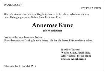 Traueranzeige von Annerose Kunz von Trauerportal Rhein Main Presse
