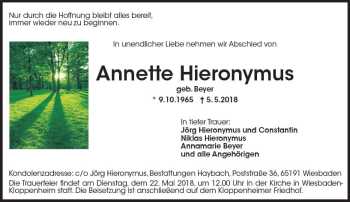 Traueranzeige von Annette Hieronymus von Trauerportal Rhein Main Presse