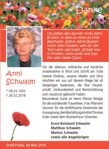 Traueranzeige von Anni Schwalm von VRM Trauer