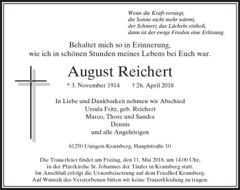 Traueranzeige von August Reichert von  Usinger Anzeiger