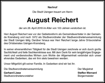 Traueranzeige von August Reichert von  Usinger Anzeiger