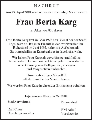 Traueranzeige von Berta Karg von Trauerportal Rhein Main Presse