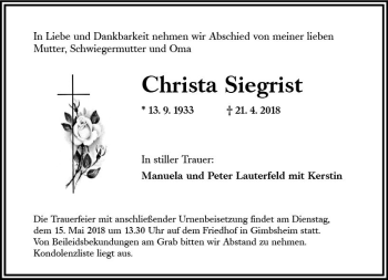 Traueranzeige von Christa Siegrist von Trauerportal Rhein Main Presse