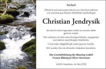 Traueranzeige von Christian Jendrysik von  Kreisanzeiger