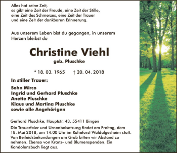 Traueranzeige von Christine Viehl von Trauerportal Rhein Main Presse